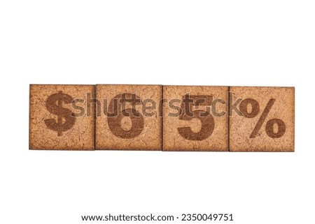 Number And Signs On Wooden Square Tiles On White Background; Dollar Sign, Sixty-five, And Percentage Sign.