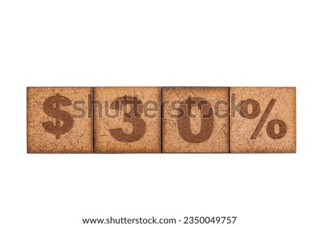 Number And Signs On Wooden Square Tiles On White Background; Dollar Sign, Thirty, And Percentage Sign.