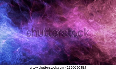 Color vapor. Smoke texture. Galaxy nebula energy. Neon pink blue glowing mist cloud on dark black free space abstract background.