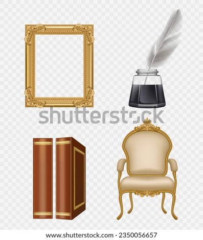 Retro gadgets. Vintage collection of old style items books chairs sofa decent vector pictures set