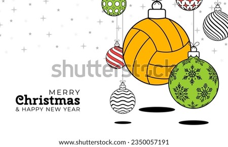 volleyball christmas greeting card in trendy line style. Merry Christmas and Happy New Year outline cartoon Sports banner. volleyball ball as a xmas ball on white background. Vector illustration..