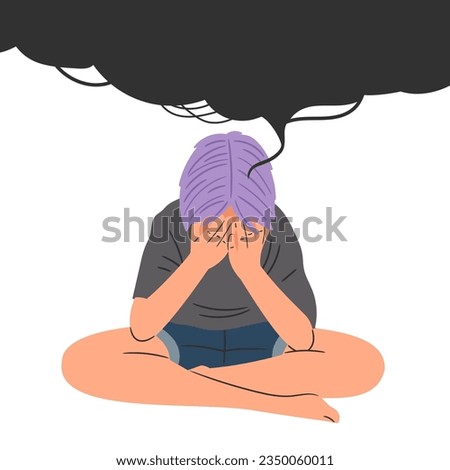 Sad child sits covering his face with his hands. Black cloud of depressive thoughts. Vector of depression and unhappy, character depressed illustration