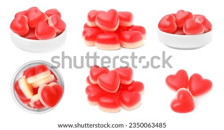 Set with heart-shaped chewy candies isolated on white
