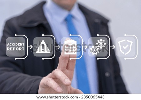 Businessman using virtual touch screen clicks checklist icon and sees inscription: ACCIDENT REPORT. Concept of accident report application and form. Claim injury compensation. Royalty-Free Stock Photo #2350065443