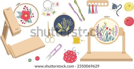 Needlework concept vector illustration. Set of embroidery elements, illustration of embroidery stand holder, thread, needles, buttons, yarn, snips, thread samples, pins, scissors and pin cushion.