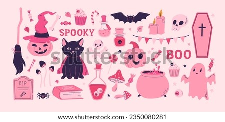 Cartoon pink Halloween vector set. Pumpkin, spirit, cat, bat, grave, candy decoration clipart. Barbiecore, pinkcore style. 