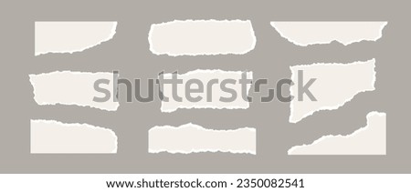 Torn paper pieces set. Light beige shapes with jagged uneven edges. Ripped different paper fragments collection. Textured grunge element bundle for collage, text box, banner, sticker, poster. Vector Royalty-Free Stock Photo #2350082541
