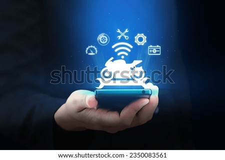 Intelligent motorcycle app on smartphone concept, motorcycle app connect, a smart car companion, conveys the idea of an intelligent mobile app for motorcycles. service app alert. Royalty-Free Stock Photo #2350083561
