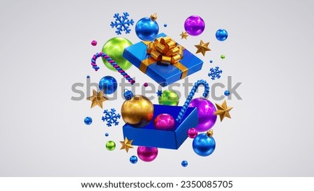 3d render, New Year illustration. Festive ornaments fall out the open gift box. Christmas clip art isolated on white background. Colorful glass balls, gold stars and metallic snowflakes