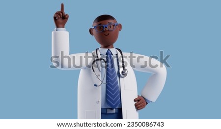 3d render, cartoon character doctor with dark skin, wears glasses, shows index finger up. Medical health care clip art isolated on blue background. The best idea concept