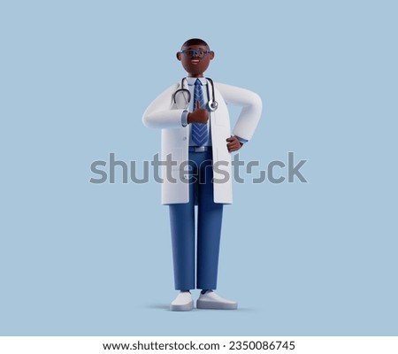 3d render, full body african cartoon character. Doctor with dark skin, wears glasses, shows thumb up, like gesture. Medical health care clip art isolated on blue background. Approval concept