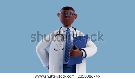3d render, male doctor of color wears glasses and holds blue clipboard.African cartoon character. Medical clip art isolated on blue background. Health insurance concept. Professional therapist