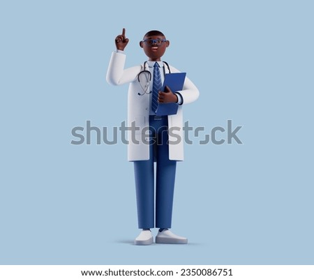 3d render, full body african cartoon character. Doctor with dark skin wears glasses, shows finger up, holds blue clipboard. Health care clip art isolated on blue background. Medical problem solution