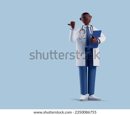 3d render, full body african cartoon character. Dark skin doctor wears glasses and holds blue clipboard. Smart professional male specialist. Medical science clip art isolated on blue background