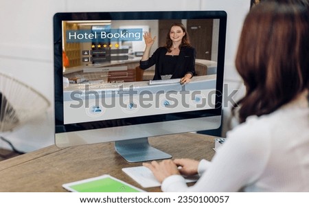 Portrait of woman use technology of laptop computer for hotel and resort booking online summer holiday travel system planning searching information weekend vacation trip.reservation online travel 
