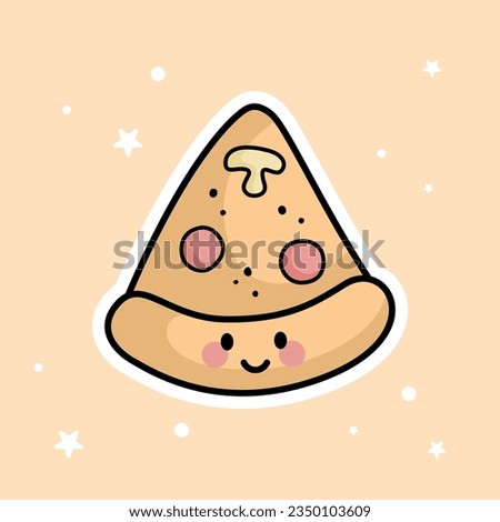 Cute Kawaii Pizza Slice is isolated on a brown background. Vector - Illustration.