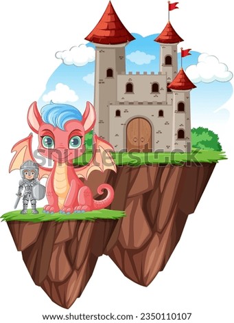 Cute Dragon with Knight Standing in Front of Castle illustration