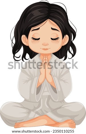A vector cartoon illustration of a young girl sitting and praying in meditation