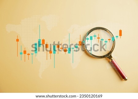 Bar graph with an upward arrow signifies the positive performance of stocks in market, highlighted through a magnifier glass. Business investment concept for earning income, analysis technical graph