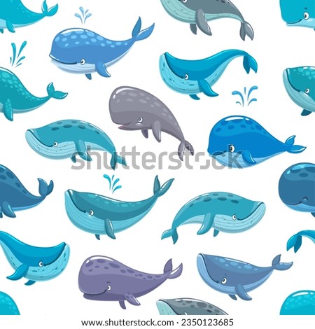 Cartoon whale characters seamless pattern. Vector repeated background with cute water animals. Sea or ocean creatures with fountains on white backdrop. Marine summer ornament for textile or wallpaper