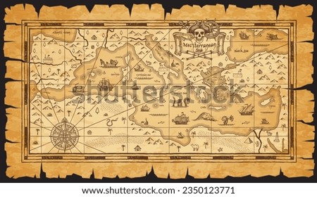 Old antique vintage map of Mediterranean Sea. Sea monster, compass wind rose and sail ship sketches. Vector fantasy islands, treasure chest and pirate skull, mountains, desert, castle, old parchment Royalty-Free Stock Photo #2350123771
