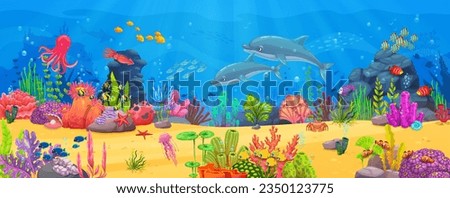 Banner or arcade game level with sea underwater animals and seaweeds ocean landscape. Cartoon vector background with bright undersea biodiversity, dolphins, octopus, jellyfish and starfish on seafloor Royalty-Free Stock Photo #2350123775