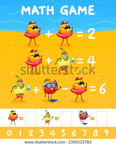 Cartoon fruits on summer vacations, math game worksheet with funny characters, vector quiz. Cheerful apple with orange and pear fruit in kids mathematics education puzzle game for numbers count
