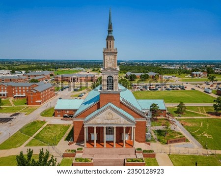 Aerial view of the Raley Chapel of Oklahoma Baptist University at Oklahoma Royalty-Free Stock Photo #2350128923
