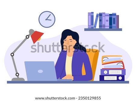 Businesswoman having painful headache concept vector illustration. Migraine health problem flat design. Stressful at work. Office syndrome. Royalty-Free Stock Photo #2350129855