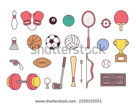 Various sporting equipment such as balls and rackets. Simple outline style design.