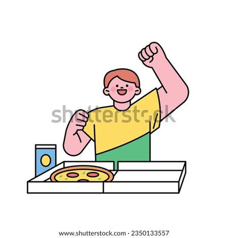 A male fan is cheering for a sports game while eating pizza at home. Supporters cheering for a sports team. outline simple vector illustration.
