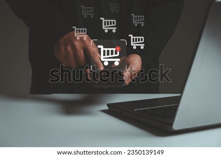 Online shopping concept. shopping order in online store, payment makes a purchase on the Internet, Online payment, Business financial technology. Hand touch on smartphone screen with cart icons.
