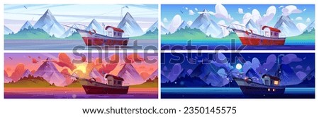 Ship in ocean at night, sunset, dawn and day time cartoon illustration. Fishery trawler in sea game northern environment panoramic landscape set with nobody. Float vessel marine nature scene