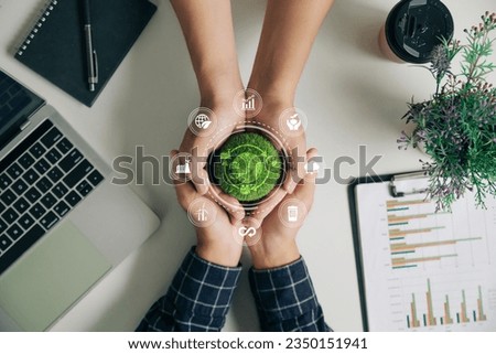 LCA-Life cycle assessment concept.businessman holding a green ball with an LCA icon. environmental impact assessment related to product value chains. Business value chain and Growing sustainability.
