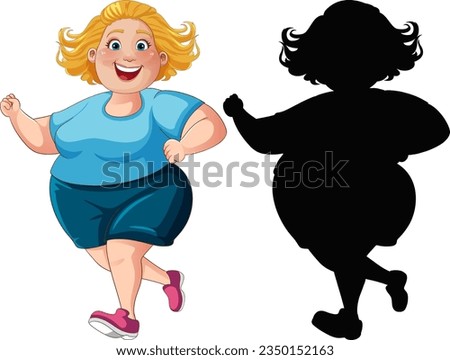 A cartoon illustration of an overweight woman running with a silhouette