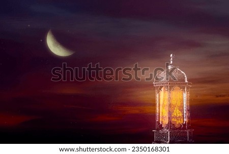 Lanterns, mosques and domes of hope. arabic islamic architecture islamic landmark The crescent moon and the starry sky of Ramadan and the month of observance and fasting. on background twilight sky