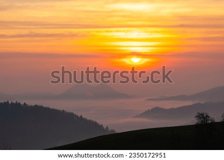 Foggy Morning in the Julian Alps, European Alps Radovljica, Slovenia Royalty-Free Stock Photo #2350172951
