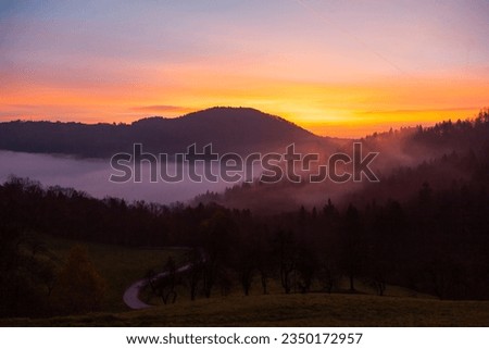 Foggy Morning in the Julian Alps, European Alps Radovljica, Slovenia Royalty-Free Stock Photo #2350172957