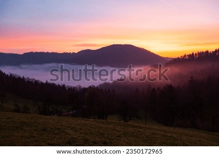 Foggy Morning in the Julian Alps, European Alps Radovljica, Slovenia Royalty-Free Stock Photo #2350172965