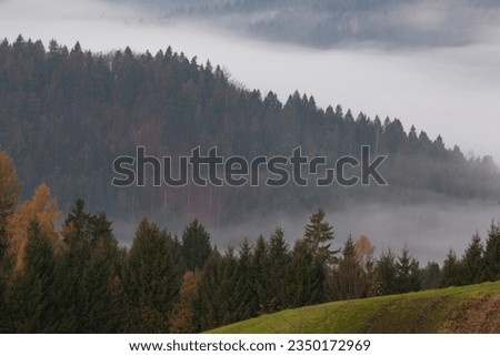 Foggy Morning in the Julian Alps, European Alps Radovljica, Slovenia Royalty-Free Stock Photo #2350172969