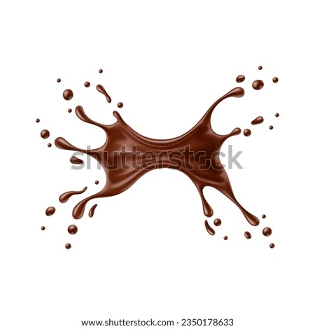 Realistic chocolate milk splash wave with drops, vector cocoa drink and food. Isolated 3d splash of melted dark chocolate, cacao milk shake, liquid choco candy, sauce or syrup, cocoa dessert flow