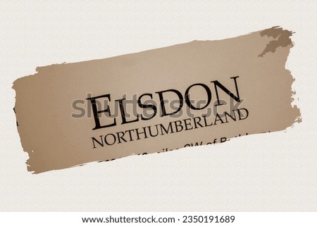 ELSDON - in English vocabulary language word with reference UK village name in sepia