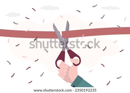 Grand opening card with ribbon. Hand uses scissors and cutting red tape. horizontal background. Startup launch, shop opening, marketing campaign. flat vector Illustration