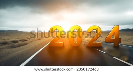 2024 New Year road trip travel and future vision concept . Nature landscape with highway road leading forward to happy new year celebration in beginning 2024. New year 2024 or straightforward concept Royalty-Free Stock Photo #2350192463