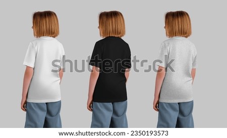 Back view apparel set, mockup of white, black, heather t-shirts for a girl with short hair, kid's wear isolated on background. Product photography for commerce. Cotton shirt template for brand, design