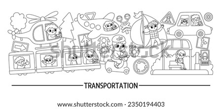 Vector black and white transportation horizontal set with different kinds of transport and cute kids drivers. Line road trip card template, frame design. Cute coloring page with bus, car
