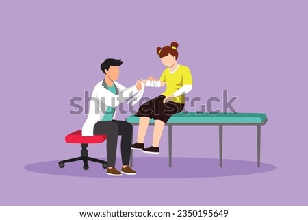 Graphic flat design drawing little kid girl on consultation with orthopedic doctor. Children doctor work with little girl. Orthopedist bandages girl hand in hospital. Cartoon style vector illustration