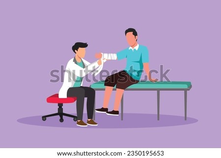 Graphic flat design drawing doctor bandages patient man hand. First aid emergency hands doing dressing bandage in Traumatology clinic. Medical treatment in hospital. Cartoon style vector illustration