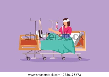 Graphic flat design drawing woman patient with broken leg lying in hospital. Hospitalization of patient. Sick person in bed. The leg is bandaged and fixed with cast. Cartoon style vector illustration