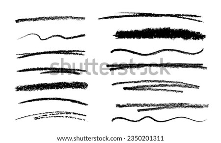 Black crayon or charcoal underlines. Doodle lines with grunge pastel pencil texture. Hand drawn chalk scribbles or rough strokes. Sketchy brushes bar line. Royalty-Free Stock Photo #2350201311